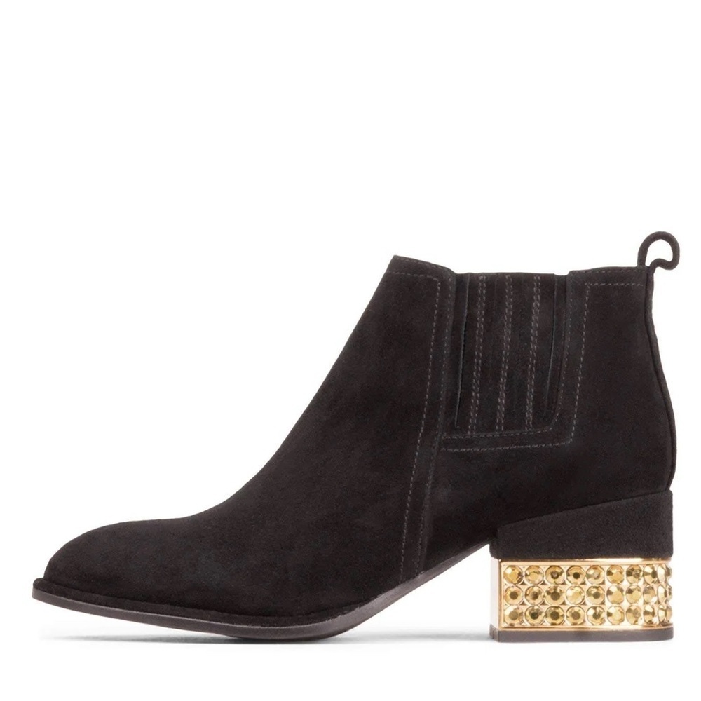 Jeffrey Campbell Metcalf-J2 Black Suede Chelsea Ankle Bootie Jeweled Heel